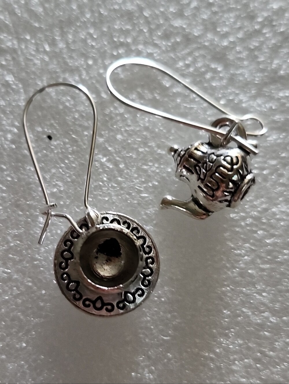 Hand Crafted Silver Teapot and Cup With Saucer Dangle Earrings - Silver Tone